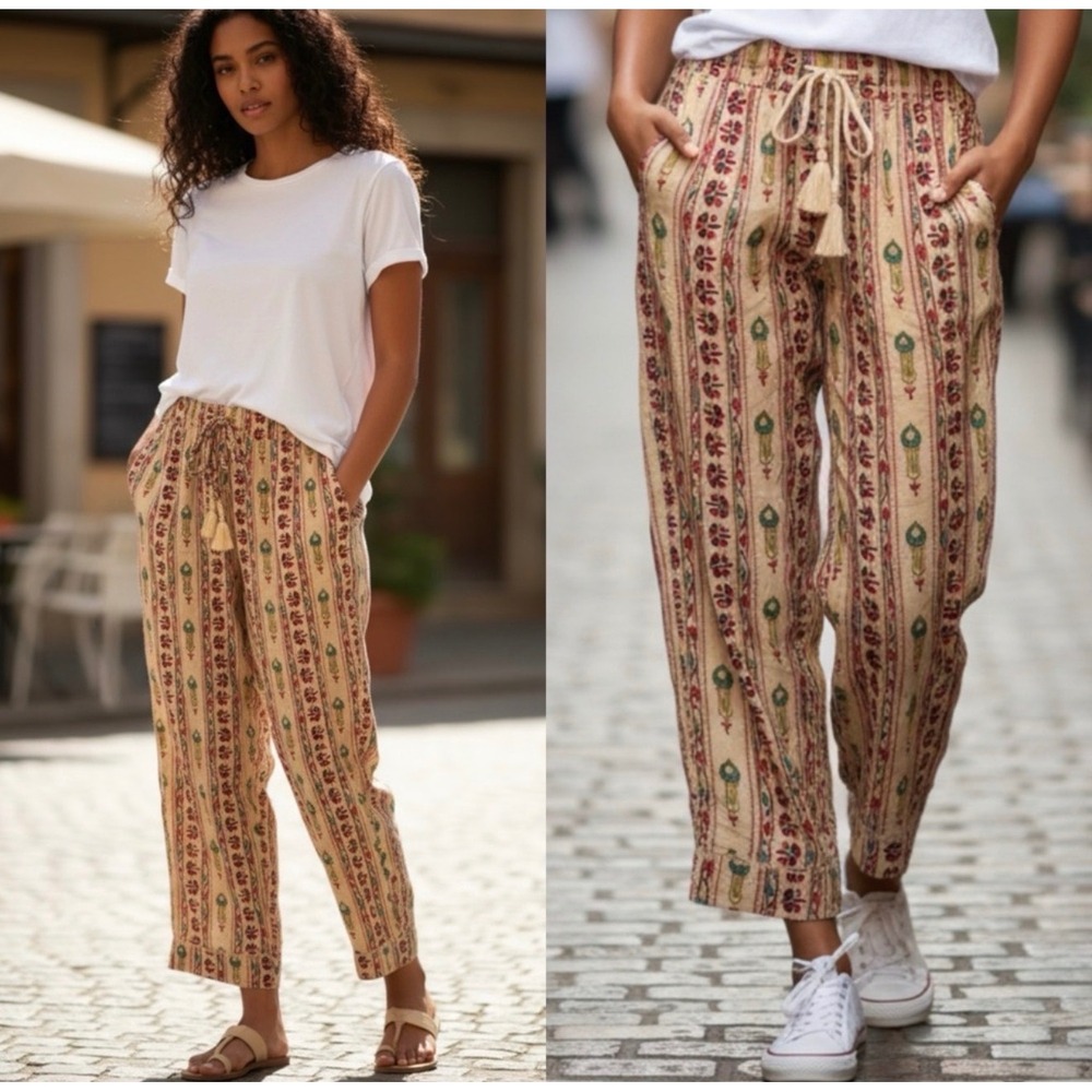Haute Hippie Style Floral Stripe Boho Pants Cowrie Shell Tassel Cream Medium